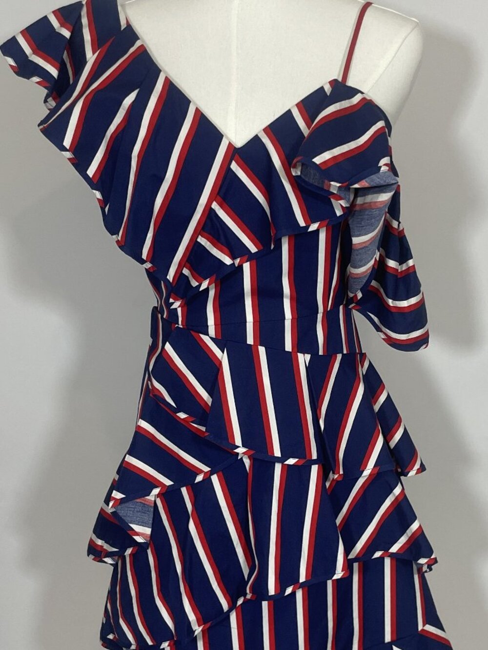 Alice + Olivia Laflora Asymmetrical Ruffle Midi Dress (Collegiate Stripe) Size 0